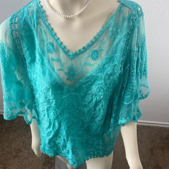 Sapphire Anthropology brand turquoise intricate lace boho top. Sz Large petite. - Picture 4 of 12